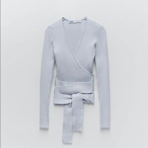 ZARA Light Blue V-neck Tie Knit, Ribbed Sweater, size small